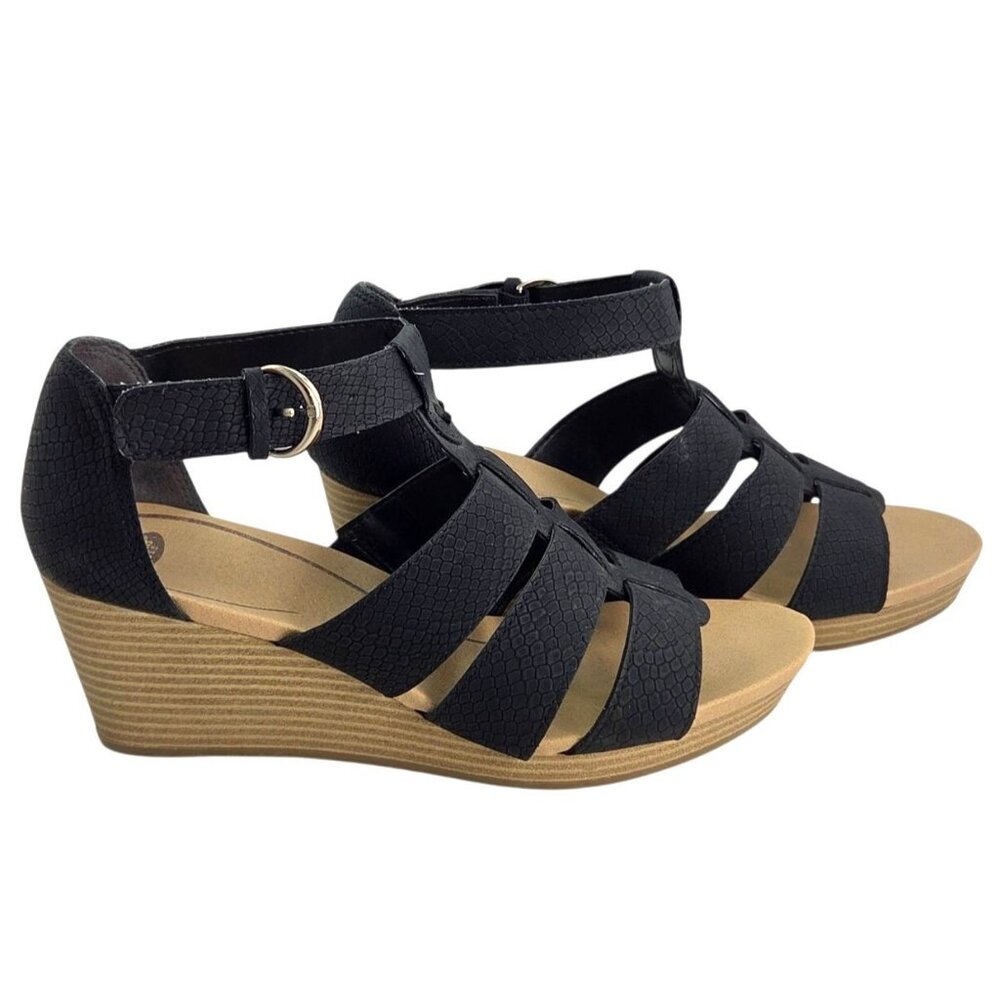 Dr. Scholls Womens Black Wedge Sandals 8.5M Faux Leather Adjustable Strap